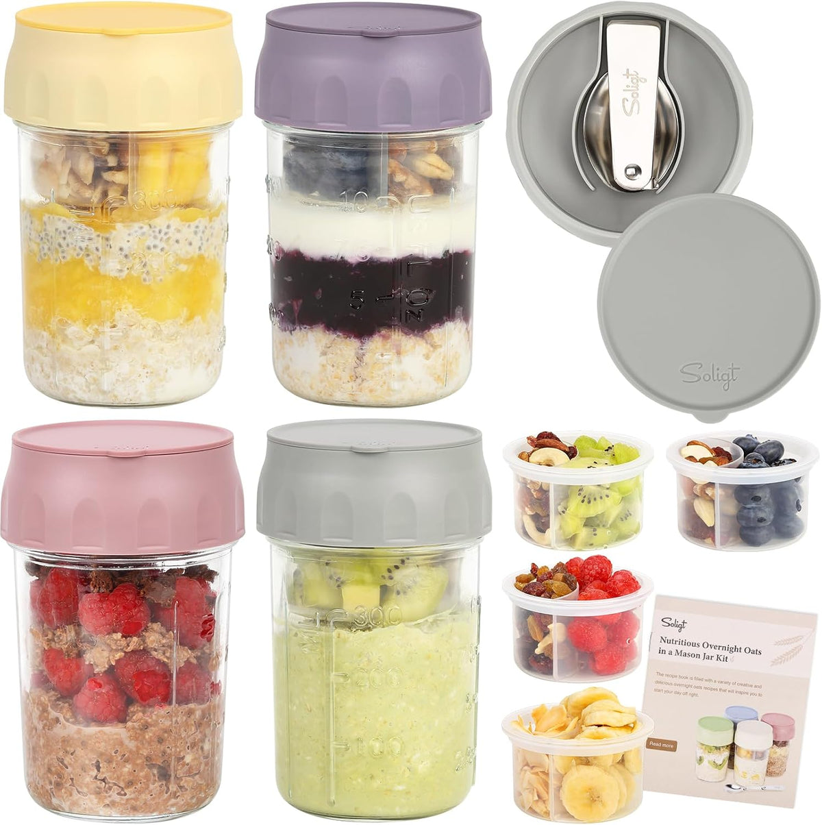 Overnight Oats Glass Jars 4-Pack – Portion-Controlled Meal Prep Containers with Fruit & Nut Compartments and Folding Spoons